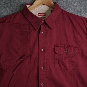 Wrangler Mens XL Burgundy Red Short Sleeve Button Down Work Shirt 100% Cotton